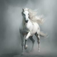 White Arabian horse galloping in dust and smoke on dark forest, side view. AI Generative photo