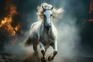 White Arabian horse galloping in dust and smoke on dark forest, side view. AI Generative photo