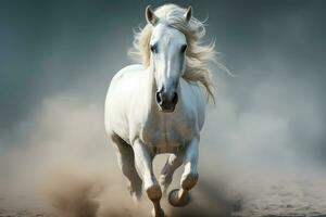 White Arabian horse galloping in dust and smoke on dark forest, side view. AI Generative photo