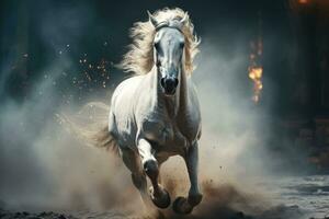 White Arabian horse galloping in dust and smoke on dark forest, side view. AI Generative photo