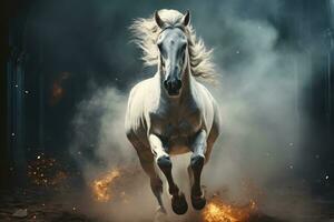 White Arabian horse galloping in dust and smoke on dark forest, side view. AI Generative photo