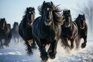 negro frisón caballos corriendo en el nieve en invierno. generativo foto