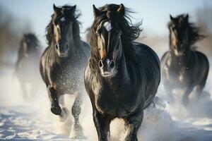 Black friesian horses running in the snow in winter. Generative photo