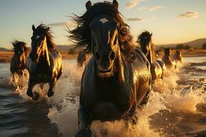 Herd of friesian horses running in the water at sunset. AI Generative photo