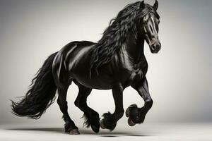 Black friesian stallion with black mane and long mane on white background. AI Generative photo