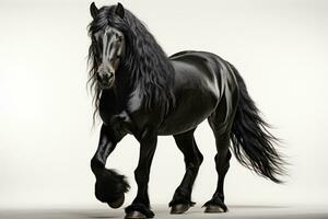 Black friesian stallion with black mane and long mane on white background. AI Generative photo