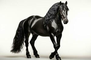 Black friesian stallion with black mane and long mane on white background. AI Generative photo