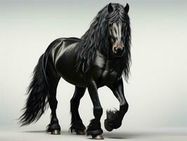 Black friesian stallion with black mane and long mane on white background. AI Generative photo