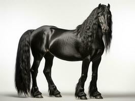 Black friesian stallion with black mane and long mane on white background. AI Generative photo