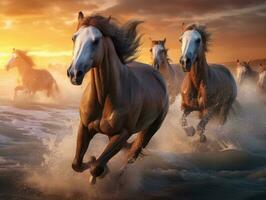 Beautiful horses running on the beach at sunset. Horses in the sea. AI Generative photo