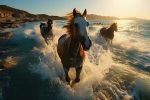 Beautiful horses running on the beach at sunset. Horses in the sea. AI Generative photo