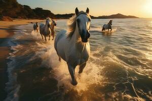 hermosa caballos corriendo en el playa a puesta de sol. caballos en el mar. ai generativo foto