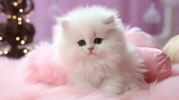 Cute little persian kitten on pink fur in room decorated for Christmas AI Generative photo