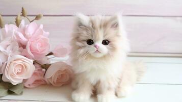 Cute little persian kitten on pink fur in room decorated for Christmas AI Generative photo