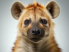 Close-up portrait of hyena looking at camera. Isolated on gray background. AI Generative photo