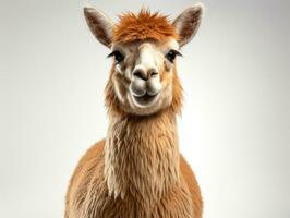 Portrait of an alpaca isolated on a white background.  AI Generative photo