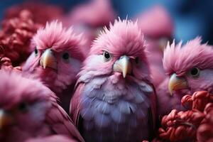 Group of pink parrots sitting on a branch in the garden. AI Generative photo