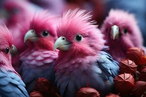 Group of pink parrots sitting on a branch in the garden. AI Generative photo