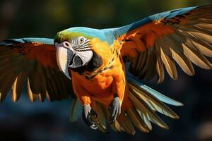 hermosa escarlata guacamayo loro en el bosque. de cerca. ai generativo foto