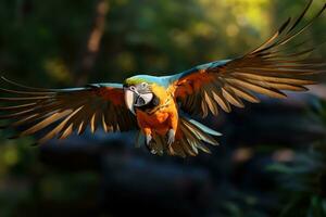 hermosa escarlata guacamayo loro en el bosque. de cerca. ai generativo foto