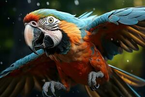 Beautiful Scarlet macaw parrot in the forest. close-up. AI Generative photo