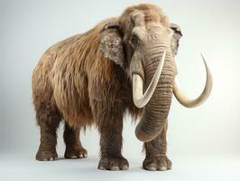 3d representación de un lanoso mamut aislado en un blanco antecedentes. gracioso mamut con largo cuernos en blanco antecedentes. 3d ilustración. ai generativo foto