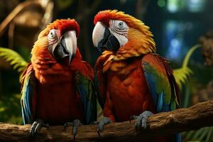 Beautiful Scarlet macaw parrot in the forest. close-up. AI Generative photo