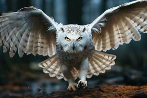 genial con cuernos búho bubón virginianus volador en bosque. ai generativo foto