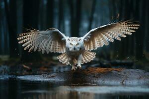 Great Horned Owl Bubo virginianus flying in forest. AI Generative photo