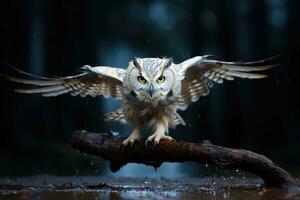 Great Horned Owl Bubo virginianus flying in forest. AI Generative photo