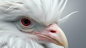 Close-up portrait of a white bird with a yellow eye. AI Generative photo