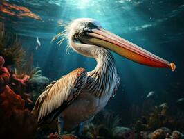 Pelican in the aquarium. Animal in the aquarium. Underwater. AI Generative photo