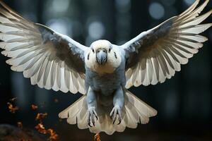 White parrot in flight with wings outspread in the air. AI Generative photo