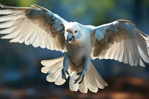 blanco loro en vuelo con alas extendido en el aire. ai generativo foto