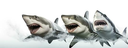 3D rendering of a group of sharks isolated on white background. AI Generative photo