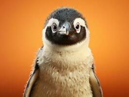 Penguin on a orange background. 3D rendering. Front view.AI Generative photo