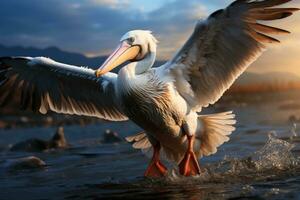 Pelican flying over the sea with splashes of water. AI Generative photo