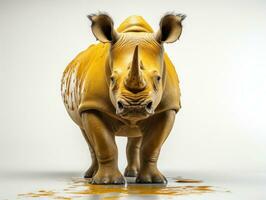 White rhinoceros standing on sand and looking at camera. AI Generative photo