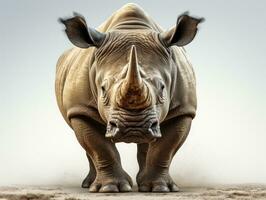 White rhinoceros standing on sand and looking at camera. AI Generative photo