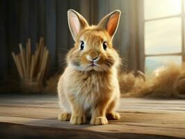 Cute little rabbit on wooden table near window. Easter holiday concept. AI Generative photo