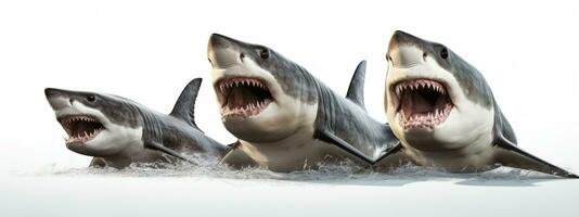 3D rendering of a group of sharks isolated on white background. AI Generative photo