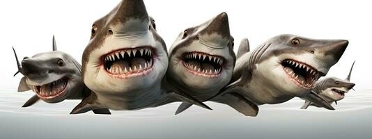 3D rendering of a group of sharks isolated on white background. AI Generative photo