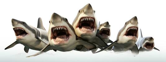 3D rendering of a group of sharks isolated on white background. AI Generative photo