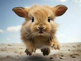 Cute little rabbit running on sand. Easter holiday concept. AI Generative photo