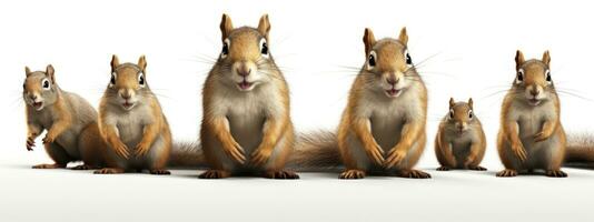 3D rendering of a group of three squirrels shouting isolated on white background. AI Generative photo