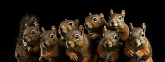 3D rendering of a group of three squirrels shouting isolated on black background. AI Generative photo