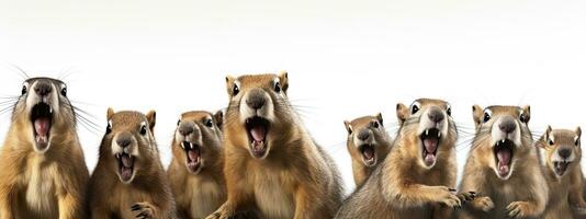 3D rendering of a group of three squirrels shouting isolated on white background. AI Generative photo