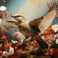 A redpoll sits on a branch of a blossoming tree. AI Generative photo