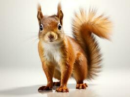 Squirrel sitting on a log and looking at the camera, 3d render. Eurasian red squirrel isolated on white background. Studio shot. AI Generative photo