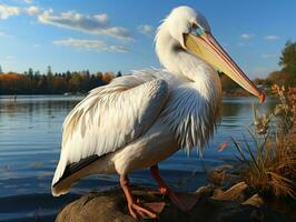 A white pelican on the shore of a lake in the summer AI Generative photo